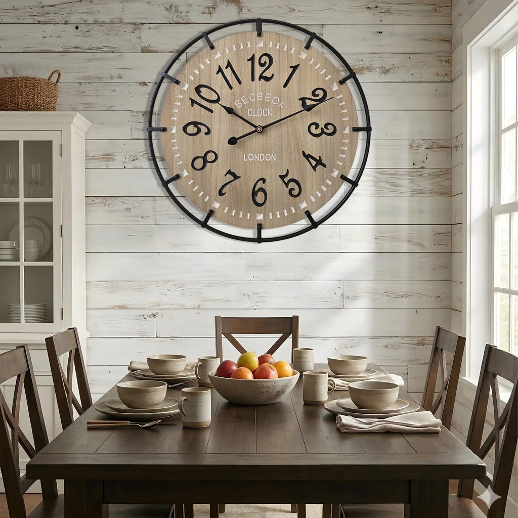 24 Inch Large Farmhouse Wall Clock, Metal Rustic Wood with Silent Quartz Movement, Easy Read Arabic Numerals, Battery