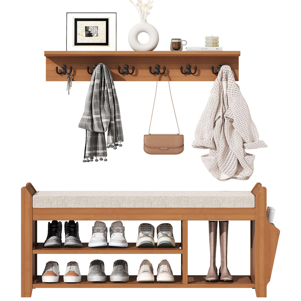 39.4" Shoe Bench with Coat Rack Hidden Drawer and Side Holder, 2 Tier Entryway Bench with Storage, Bamboo Shoe Rack