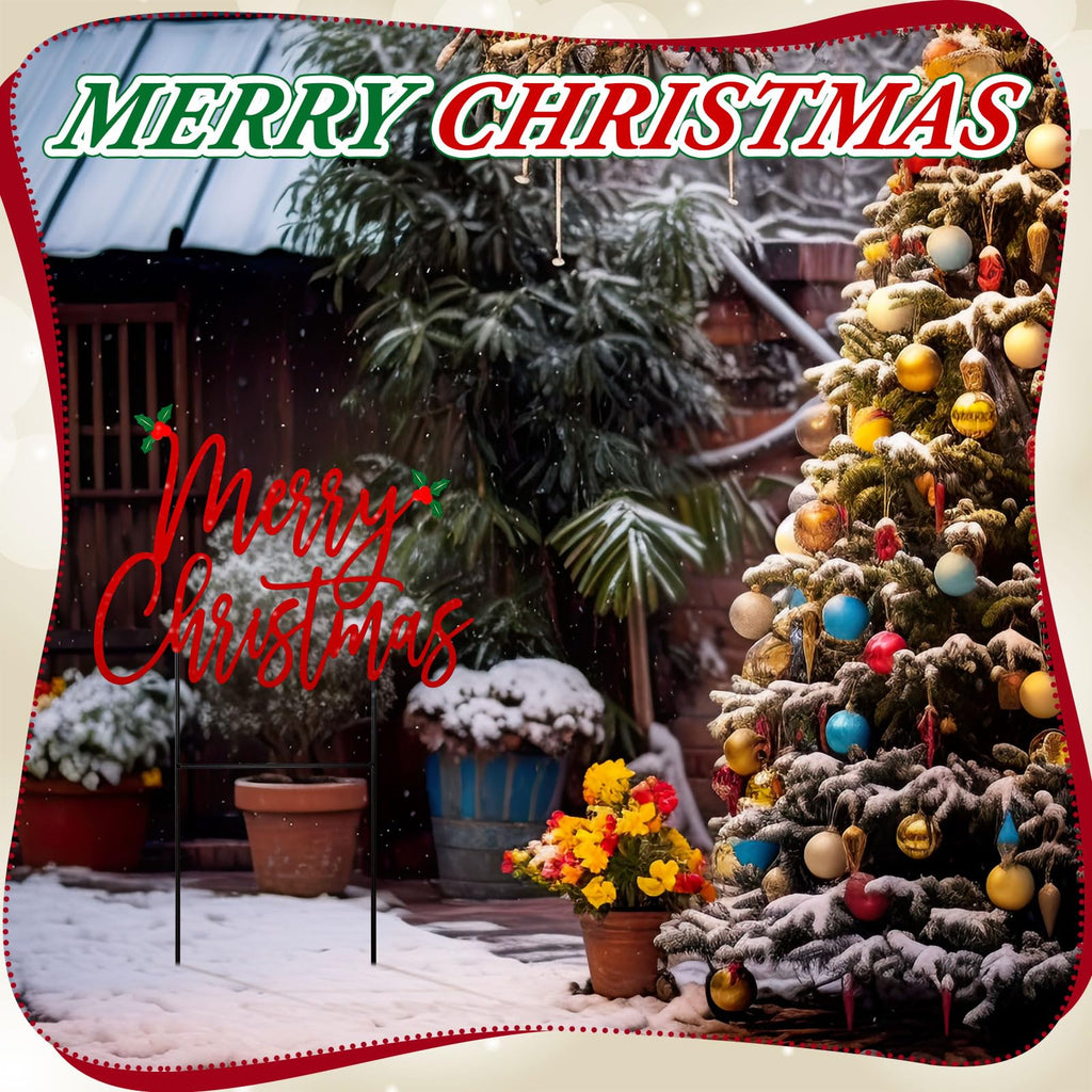 Merry Christmas Metal Yard Signs 15.75 Inch Xmas Metal Outdoor Decorations with Stakes Waterproof Christmas Decor