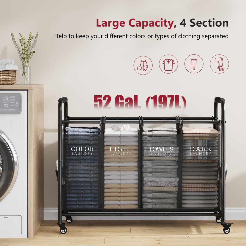 4 Bag Laundry Sorter Cart, Laundry Sorter 4 Sections, Black