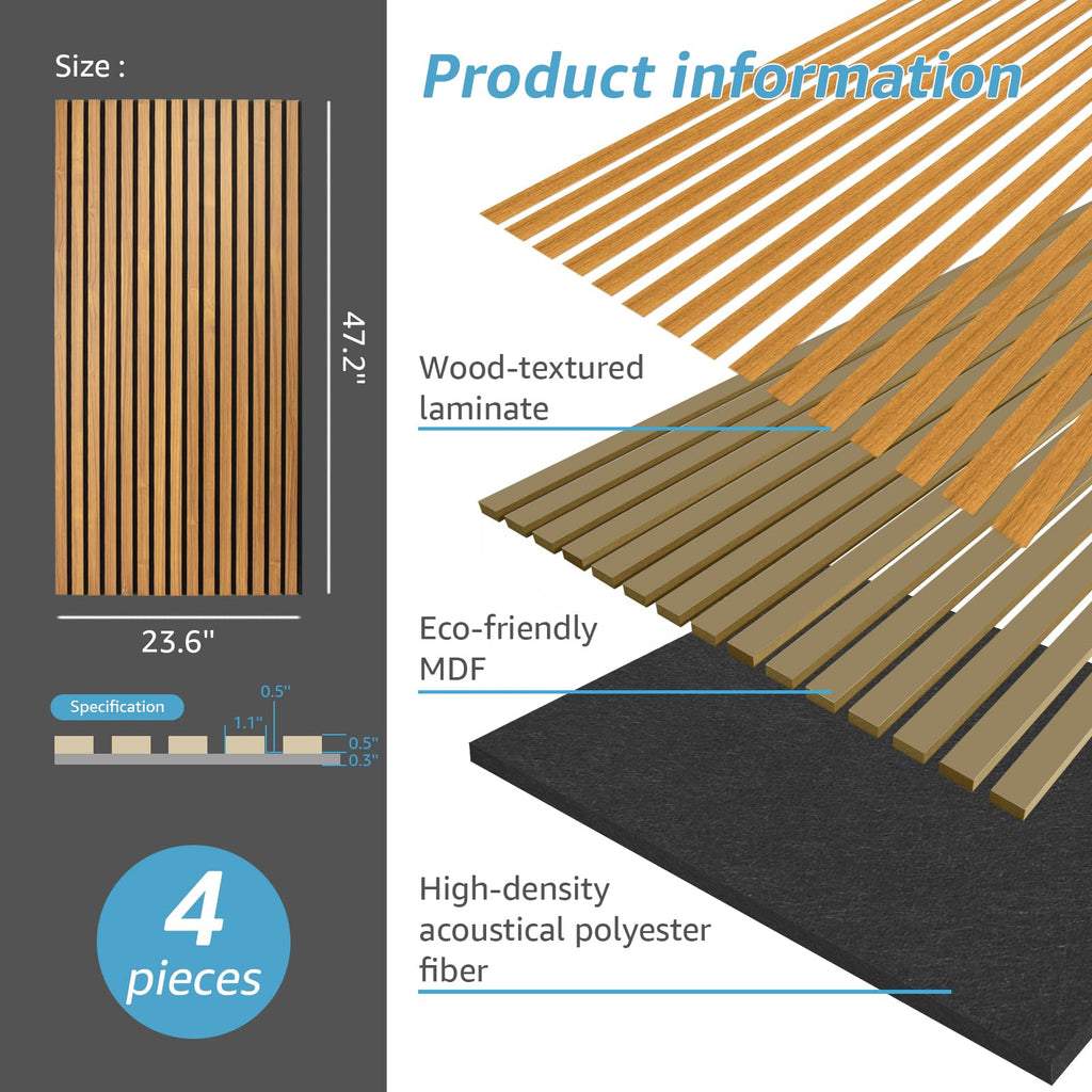 4-Pack Fluted Acoustic Wood Slat Wall Panel, 47.2 x 23.6 Inch, Teak