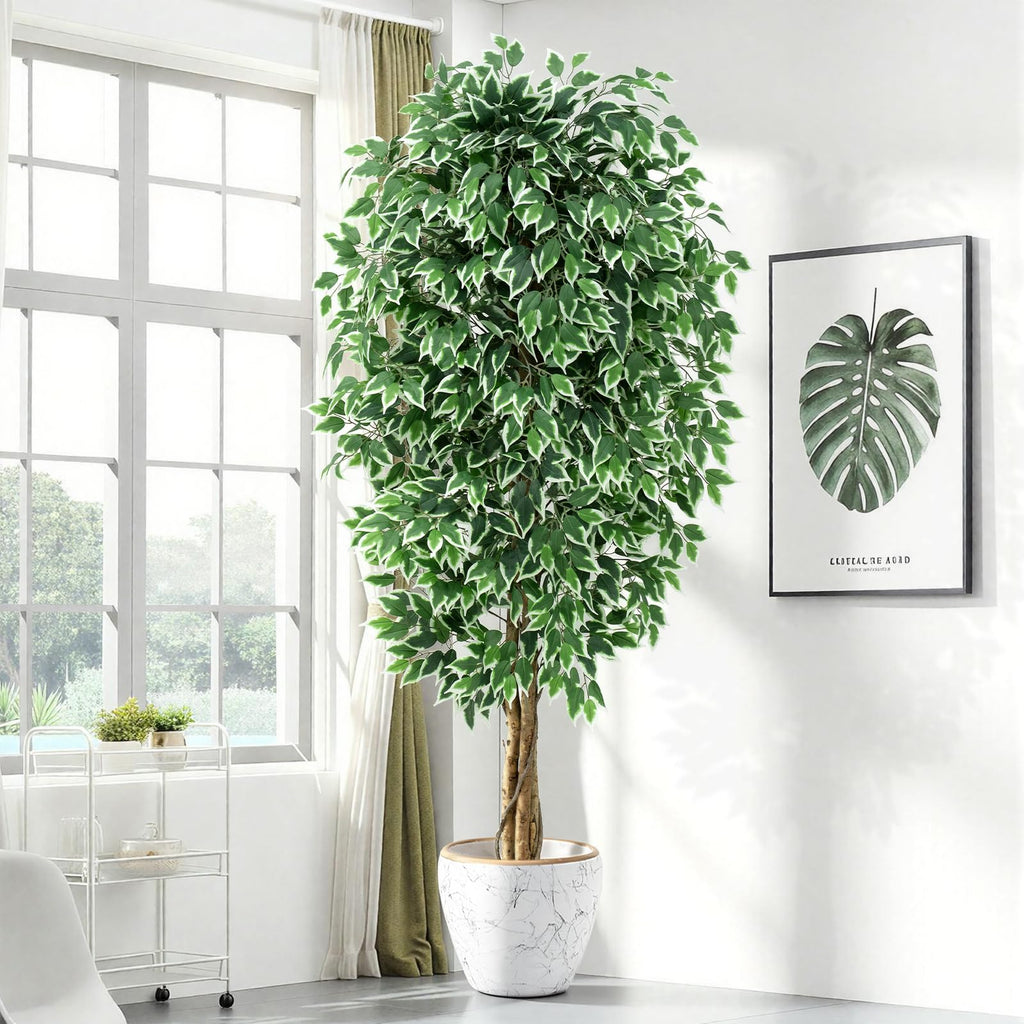 7ft Large Ficus Artificial Trees with Natural Curved Trunks, 84" Tall Lush Faux Tree Decor Indoor, Green Lifelike