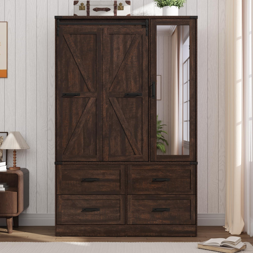 Farmhouse 3-Door Armoire Closet w/Mirror & LED, Rustic Brown