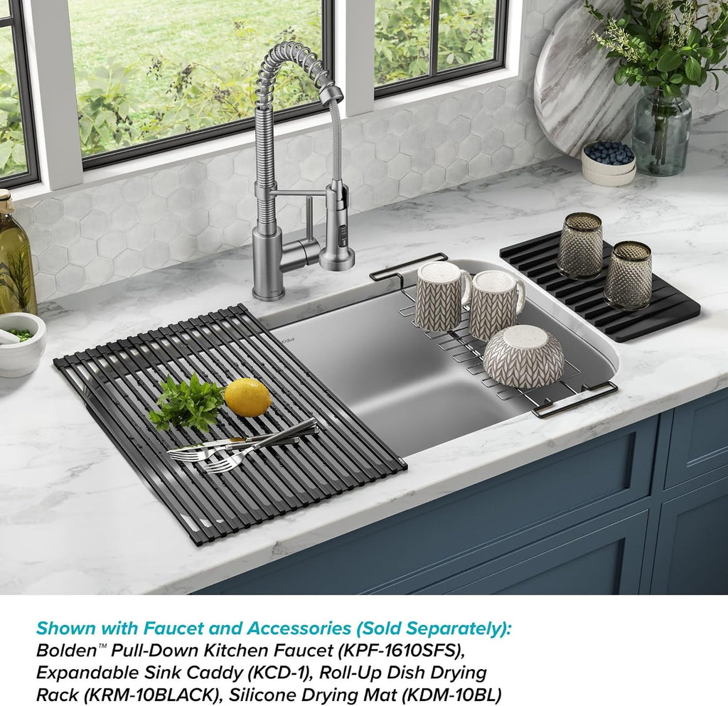 Stainless Steel 32 in 18 Gauge Undermount Kitchen Sink KBU44 | 18-gauge T304 stainless steel, rear-set drain, rounded