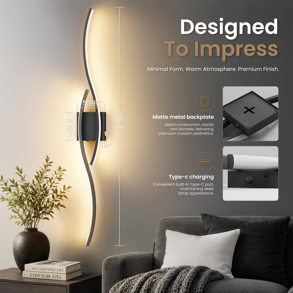 Battery Operated Wall Sconces Set of 2, Black, 39.4 Inch