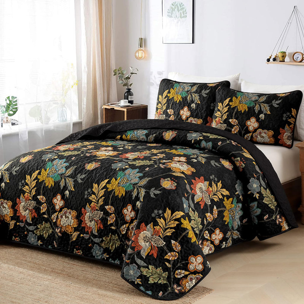 Floral Quilt, Black Vintage Botanical Bedspread