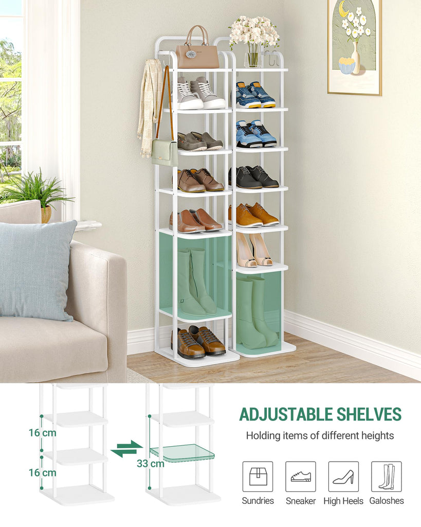 8 Tiers Vertical Shoe Rack, Tall Shoe Shelf with 2 Hooks