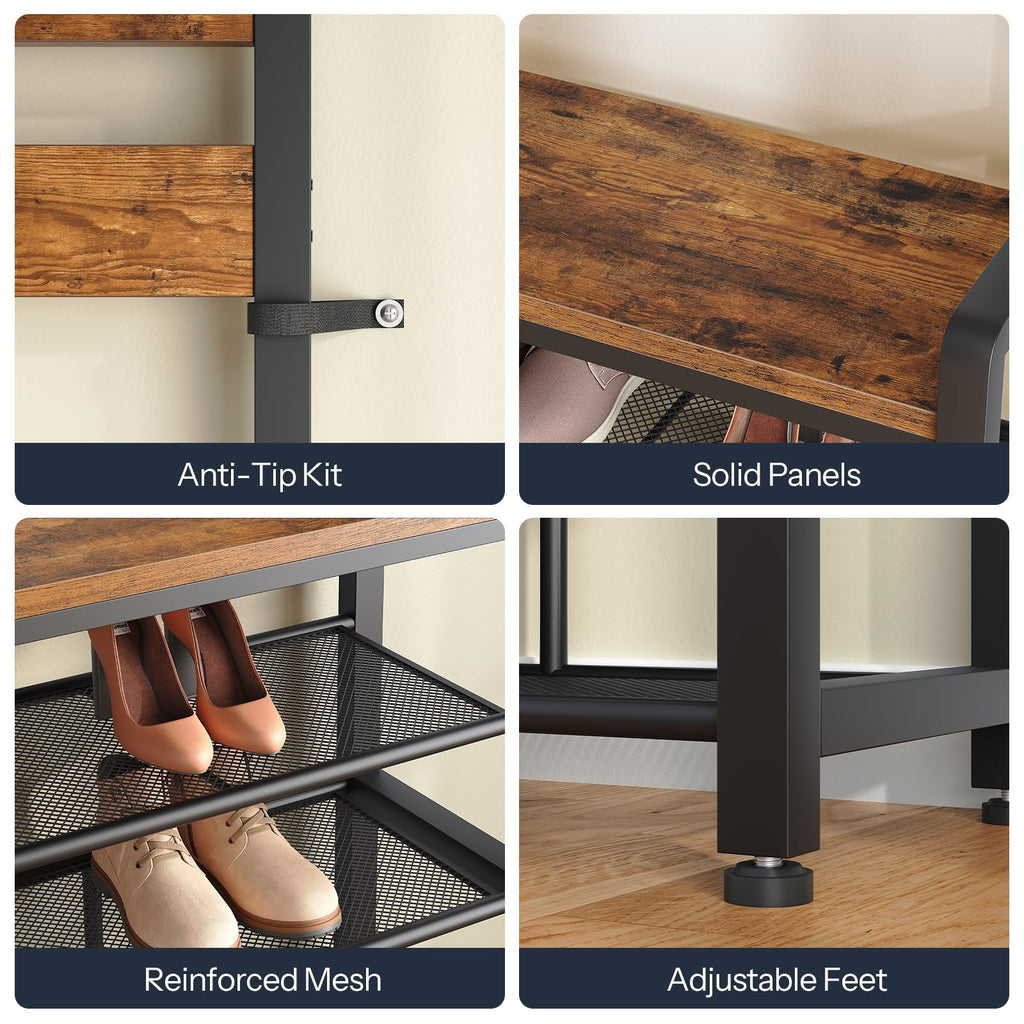 Hall Tree with Bench, Shoe Rack with Coat Rack, 39.4" Coat Rack with Shoe Storage, 5 Tier Shoe Storage Organizer