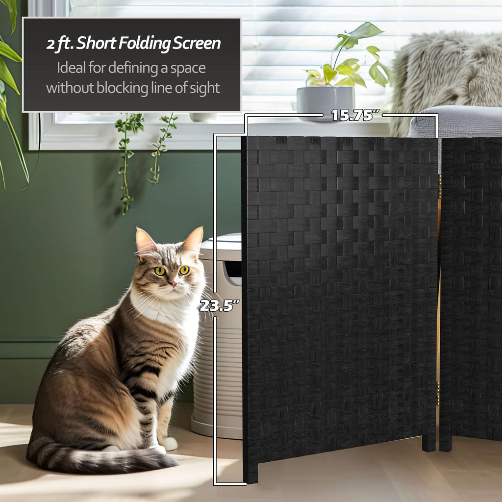 2 ft. Short Woven Fiber Folding Screen - 4 Panel - Black