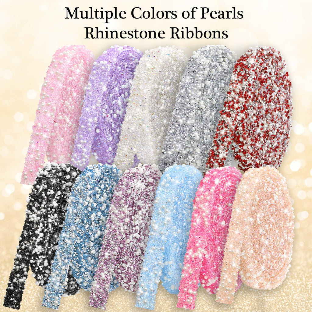 Pearl Rhinestone Ribbon Champagne Diamond Strip Sticker - 3 Yards