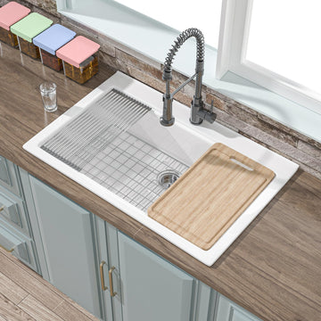 33" x 22" Drop In Fireclay Workstation Kitchen Sink White 1 Hole
