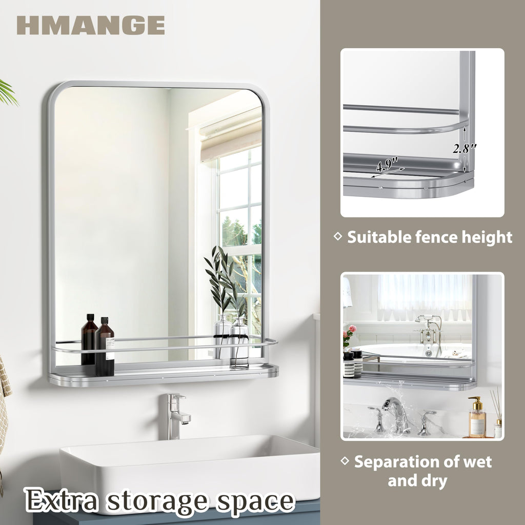 Sliver Bathroom Mirror with Shelf Vanity Mirror,Rectangle Metal Framed Rounded Corner Wall Mirror Living