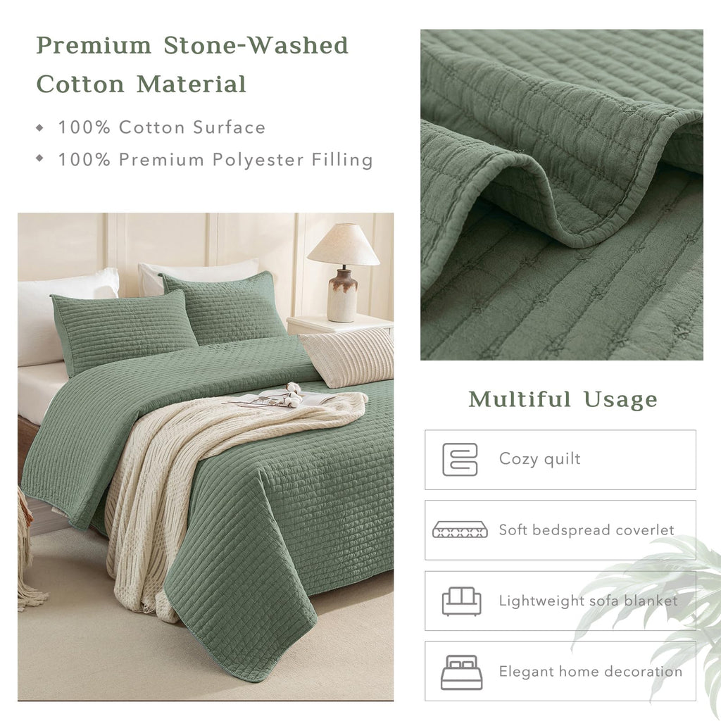 Quilt 128"x120", Stone-Washed Cotton Olive Green Bedspread, Soft Lightweight Extra Large