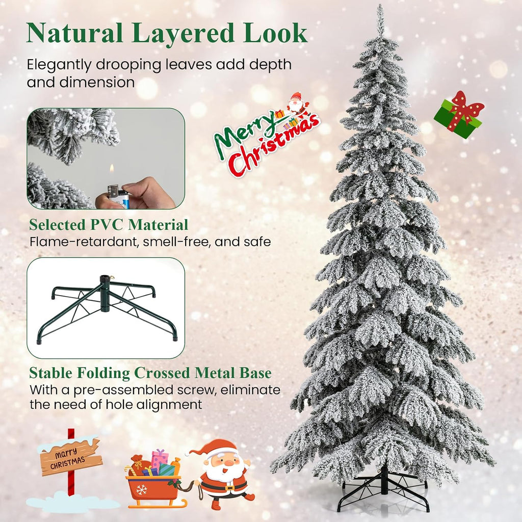 Pre-Lit Snow Flocked Drooping Christmas Tree, Artificial Hinged Xmas Tree with Quick Power Connectors, 1223