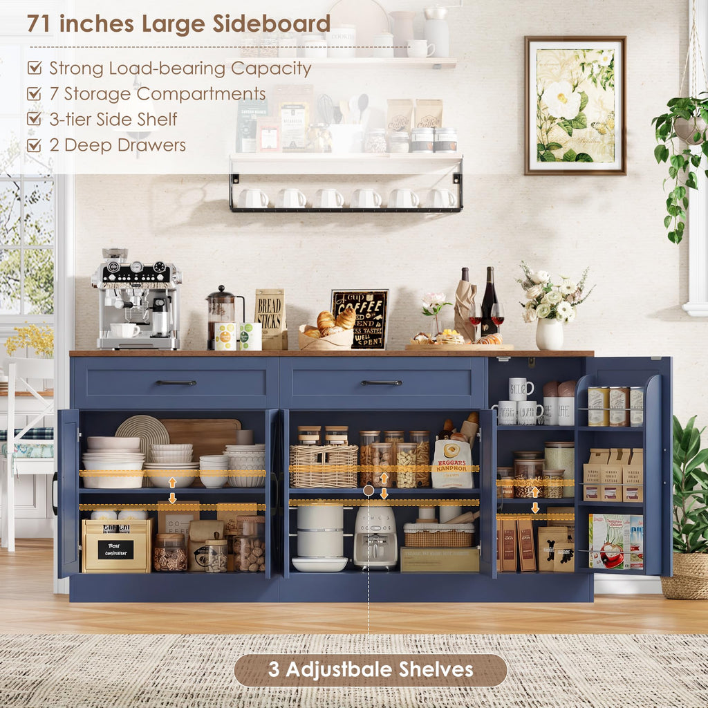 71" Large Sideboard Buffet Cabinet, Farmhouse Coffee Bar Cabinet (Blue)