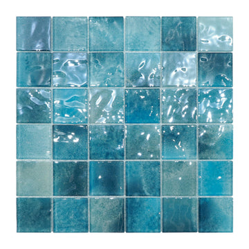Glass Mosaic Pool Tiles Backsplash, 12" x 12" Aqua Blue 3D Wave Texture Square Tiles for Swimming Pool Accent Wall