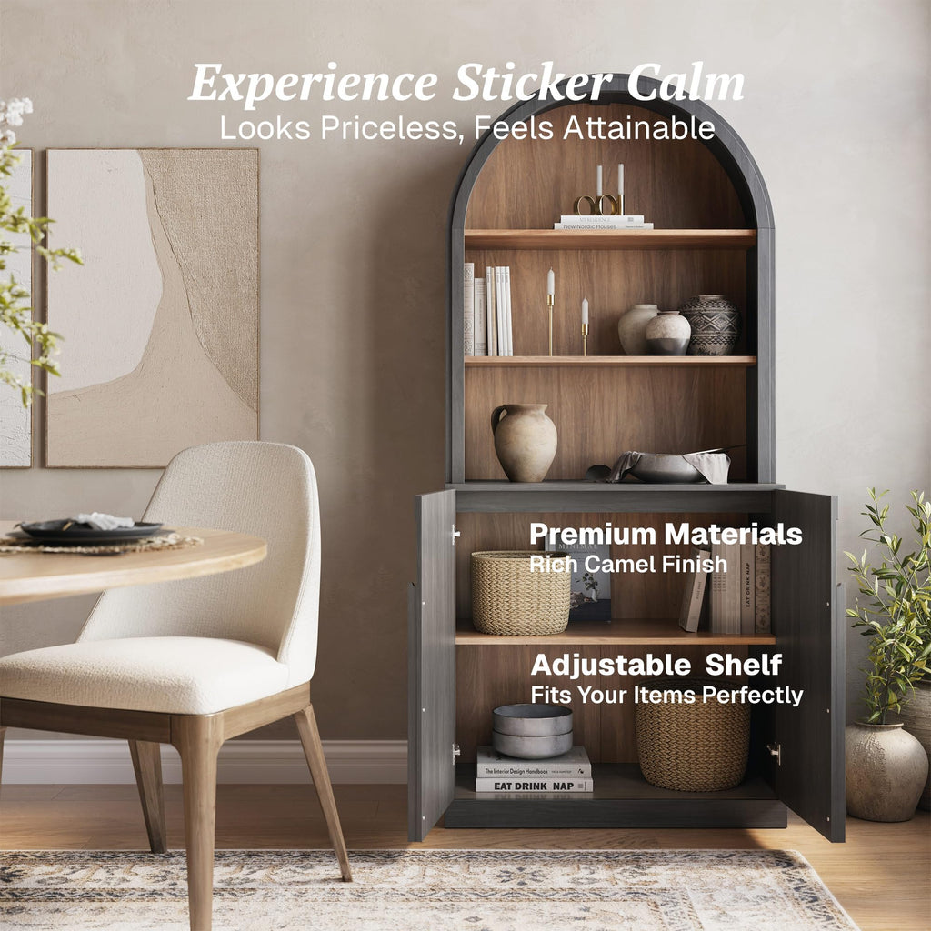 Arched Bookshelf with Adjustable Shelf, 71" Tall Curio Display Cabinet with Wood Door, 5 Tier Modern Bookcase Shelf
