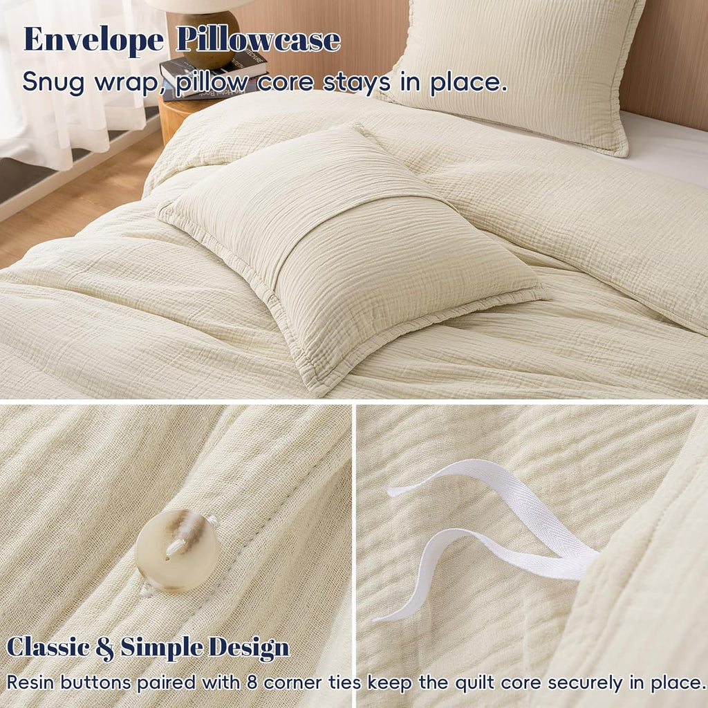 Cotton Muslin Duvet Cover Queen, 3-Layer Soft Lightweight & Breathable Textured Gauze, Skin-Friendly Minimalist
