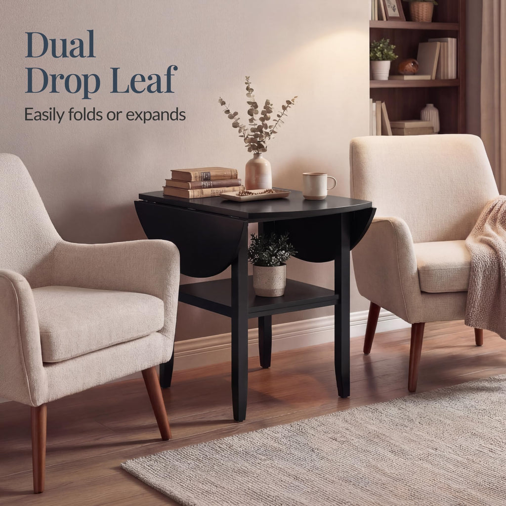42" Round Drop Leaf Dining Table for 4, Solid Wood Expandable Small Dining Table W/Storage Shelf, Space Saving