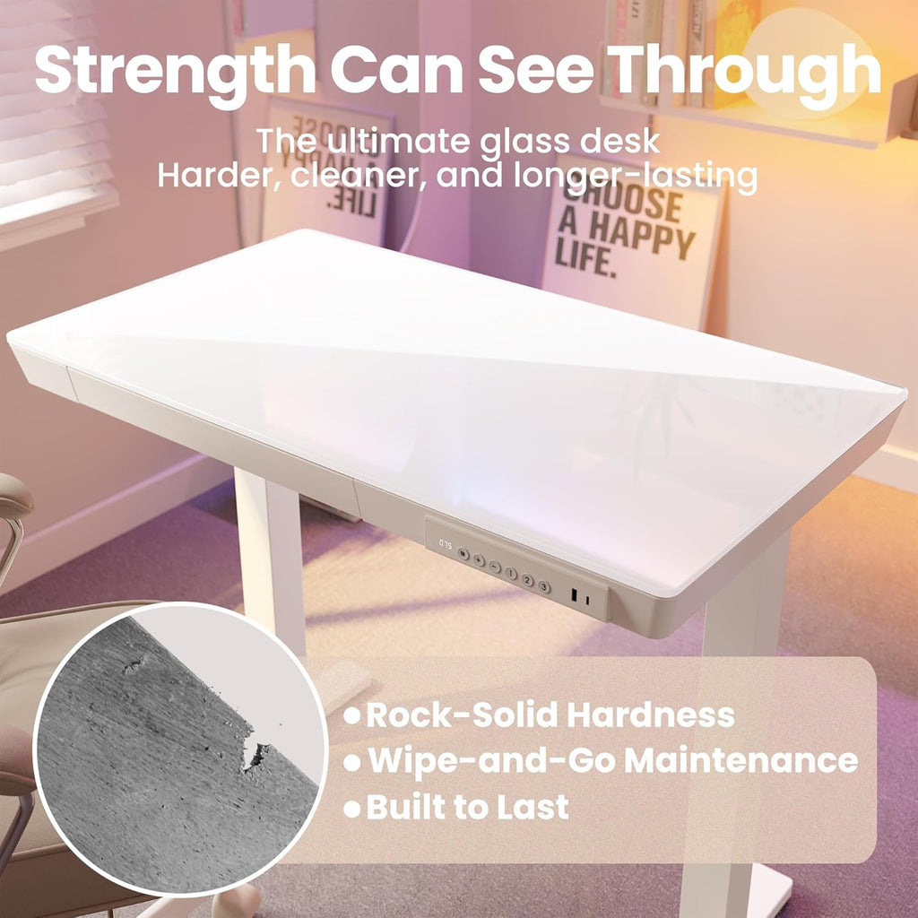 Glass Standing Desk with Drawers, 35 X 20 Inch Electric Adjustable Height Desk, Quick Install One-Piece Tabletop with
