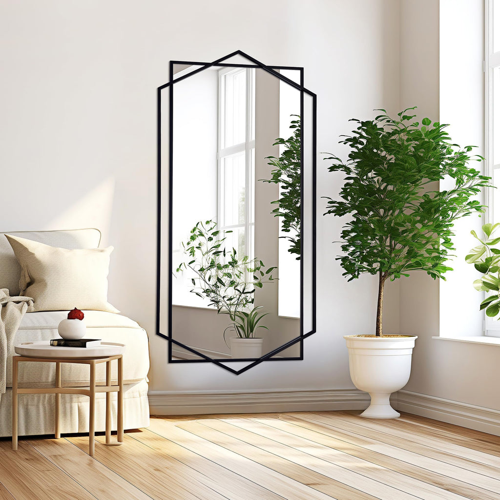 28"x 55" Black Decorative Mirror with Hexagon Metal Pipe Frame