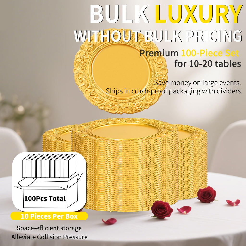 Bulk 100Pcs - 13" Gold Chargers for Dinner Plates, Floral Embossed Decorative Charger Plate for Wedding & Event