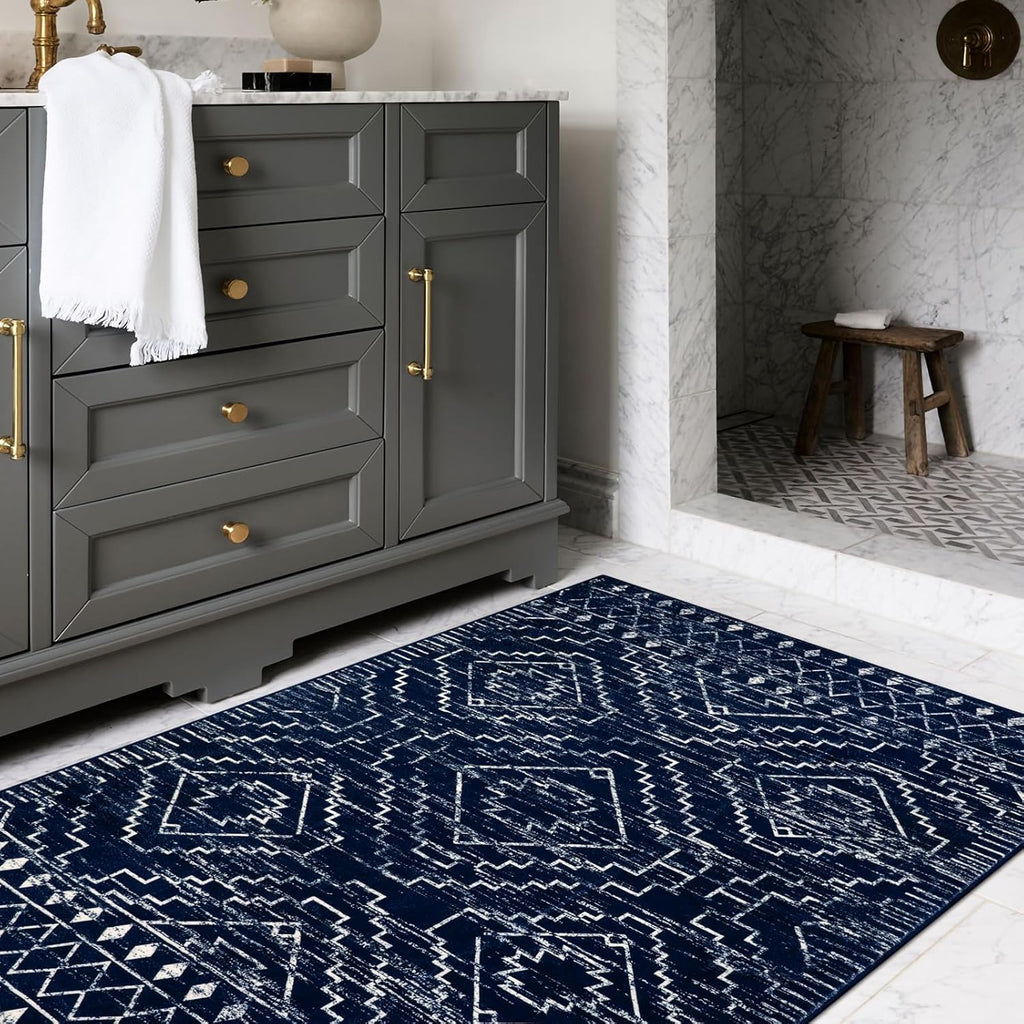 Moroccan Washable Rug 3x5, Blue Non-Slip Entryway Area Rug, Soft Farmhouse Bedroom Throw Mat, Geometric Low Pile