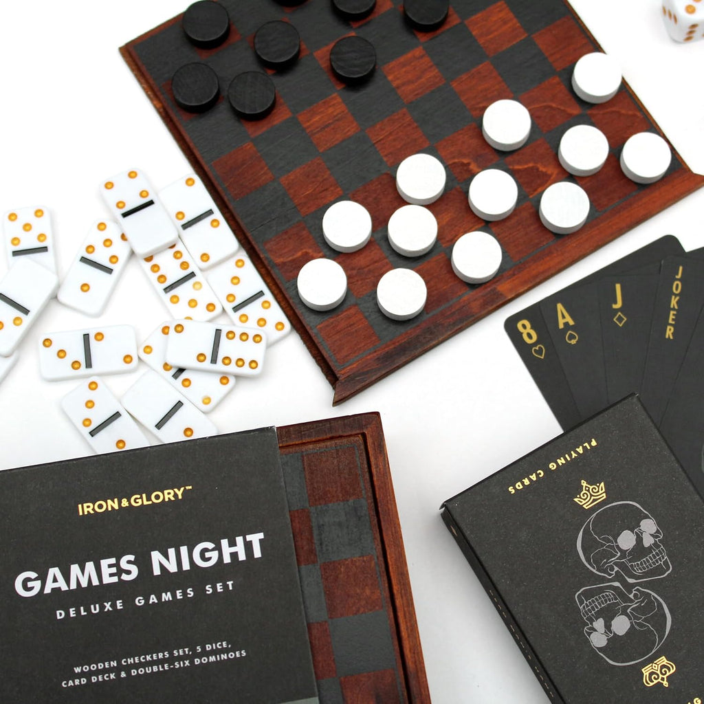 Iron & Glory Games Night | Wooden Games Compendium with Dice Set, Playing Cards, Dominoes Set & Checkers | 4 in 1
