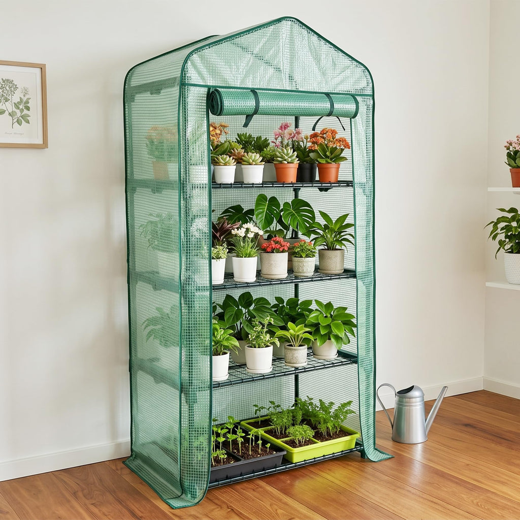 4 Tier Mini Greenhouse - 63'' H x 27'' L x 19'' W - Sturdy Portable Gardening Shelves with Durable PE Cover w