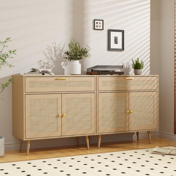 Rattan Sideboard Buffet Set of 2, Boho Kitchen Cabinet with Drawer & 2 Doors, Modern Mid Century Accent Cabinet with