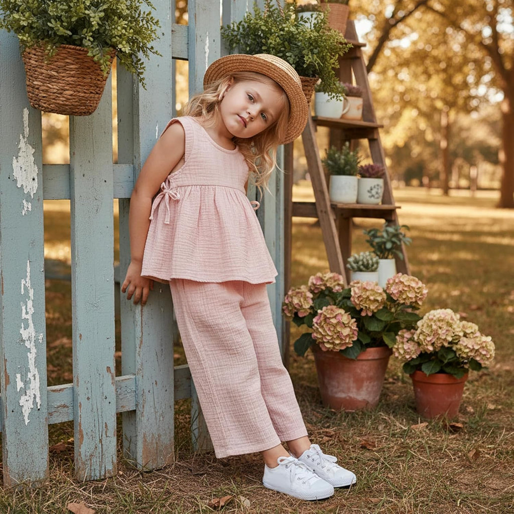 Baby Girl Summer Clothes Outfit Cotton Linen Sleeveless Ruffle Shirt and Wide Leg Pants Toddler Girls Clothes Set
