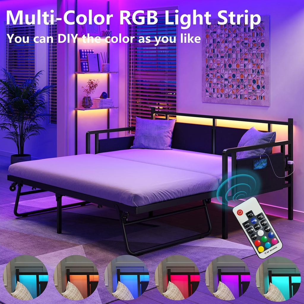 Daybed with Charging Station and LED Lights, Twin Daybed with Trundle, Metal Bed Frame with Steel Slat Support