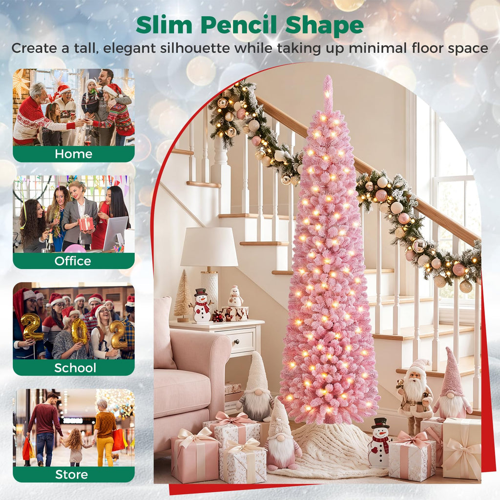 6 FT Pre-Lit Artificial Christmas Tree, Pink Slim Pencil Tree