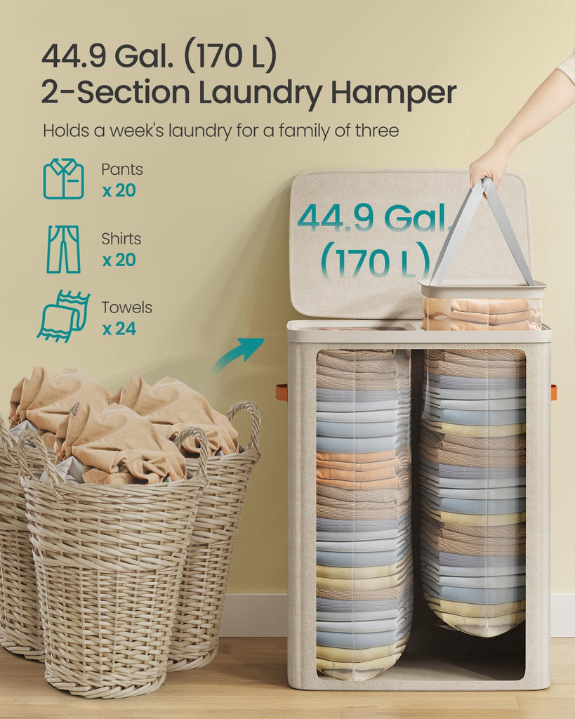 Laundry Basket, 170L Laundry Hamper with Lid, 2 Removable Bags