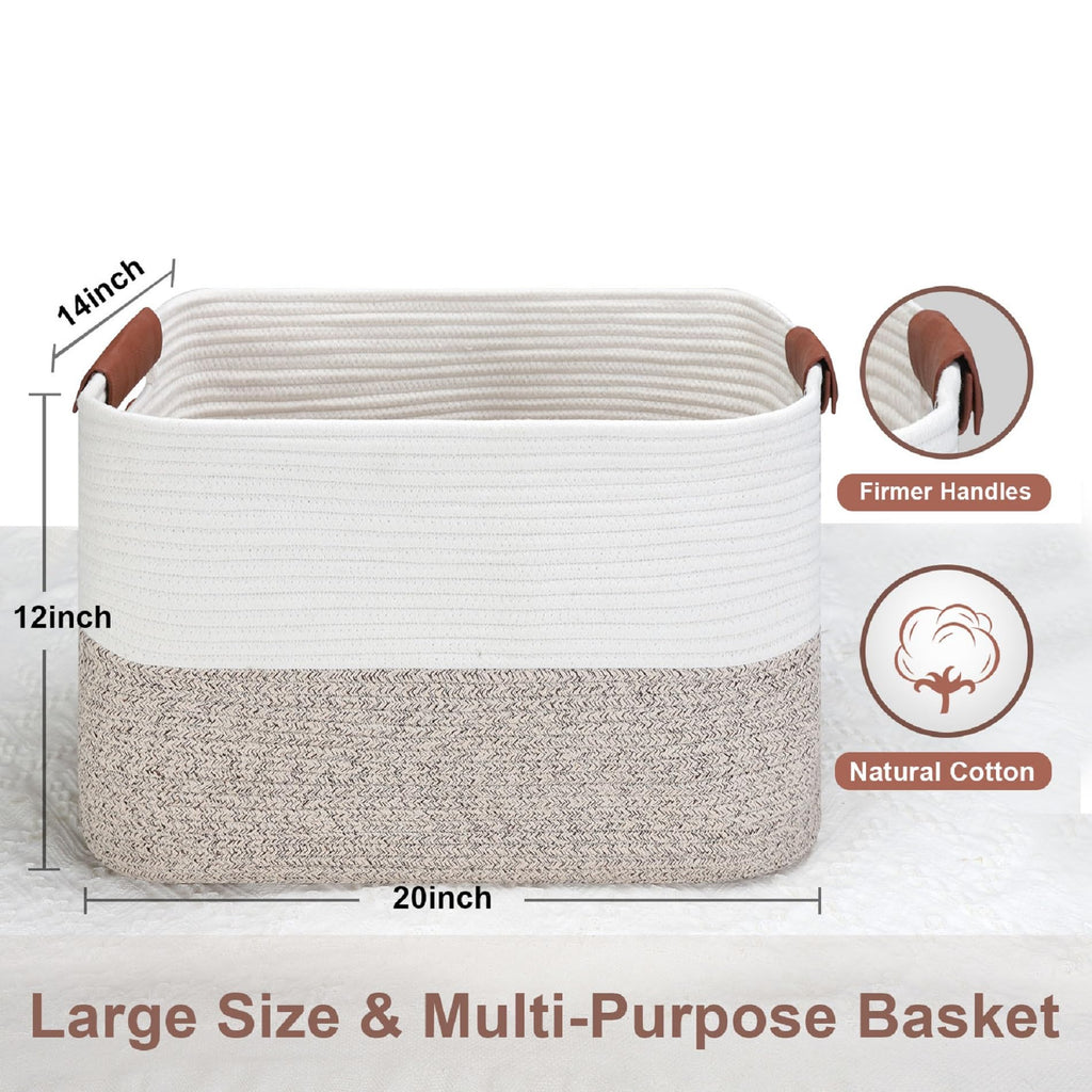 Large Cotton Rope Storage Basket with Leather Handles, Laundry Hamper Basket, 20 "L x 14" W x 12 "H, Durable &