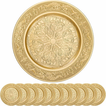 Gold Charger Plates, 13 Inch Gold Round Chargers for Dinner Plates, Decorative Dinner Chargers, Antique - Set of 12