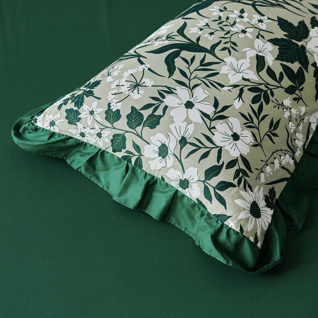 Green Botanical Ruffle Duvet Cover 100% Cotton 3 Pcs Set
