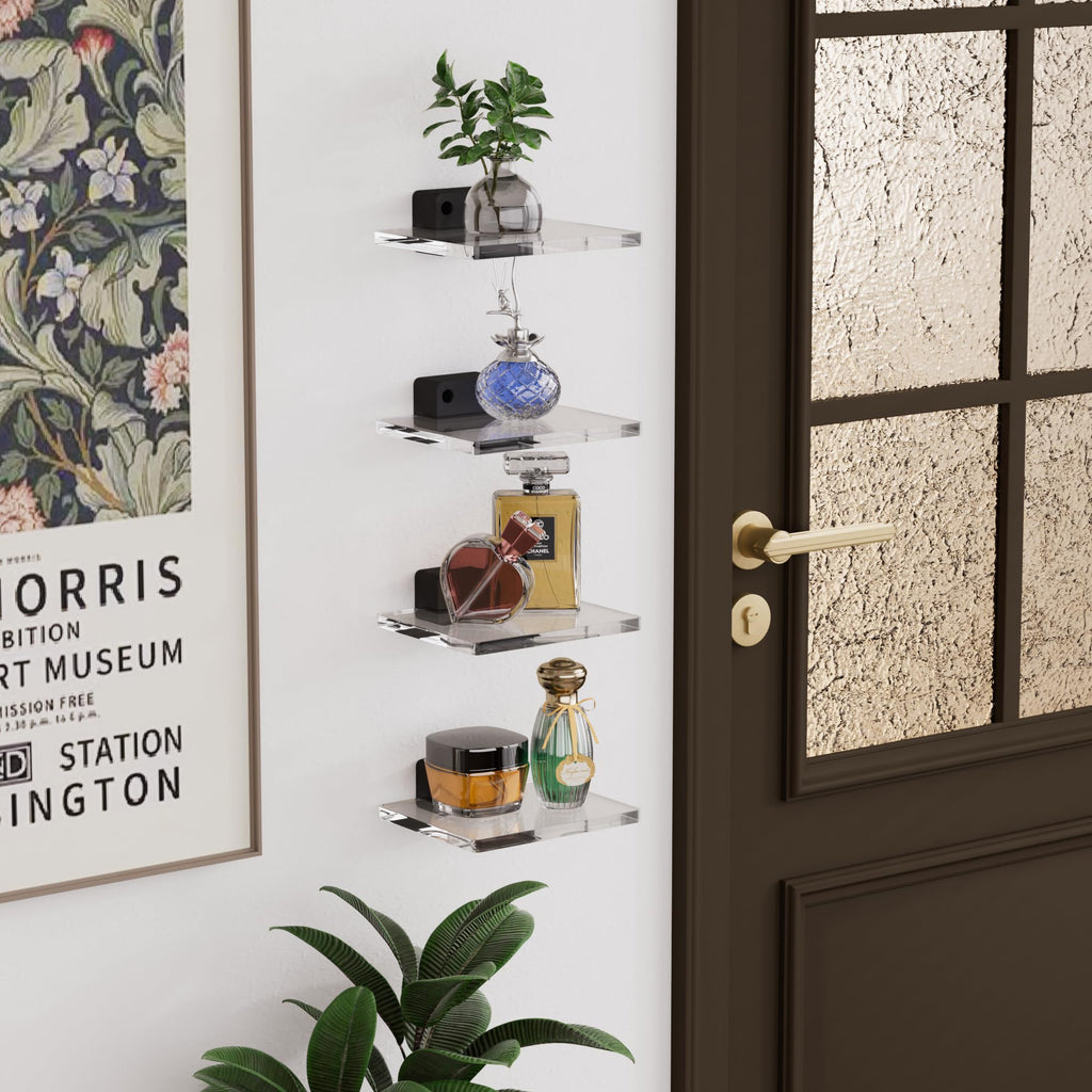 Acrylic Floating Shelves, Wall Mounted Shelves with Solid Pine Base