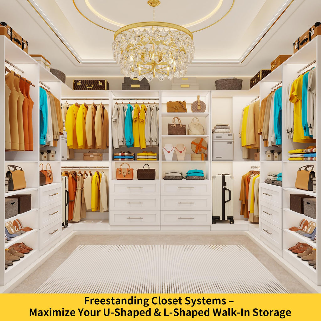 Corner Closet System with 3 Drawers, Closet Organizer System with 6 Hanging Rods 7 Shelves Walk in Wooden Modular