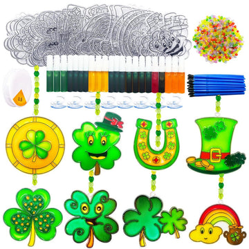 St. Patrick's Day Shamrock Suncatchers Ornaments DIY Window Paint Art Craft Kit 32pcs Irish Lucky Shamrock Four-Leaf