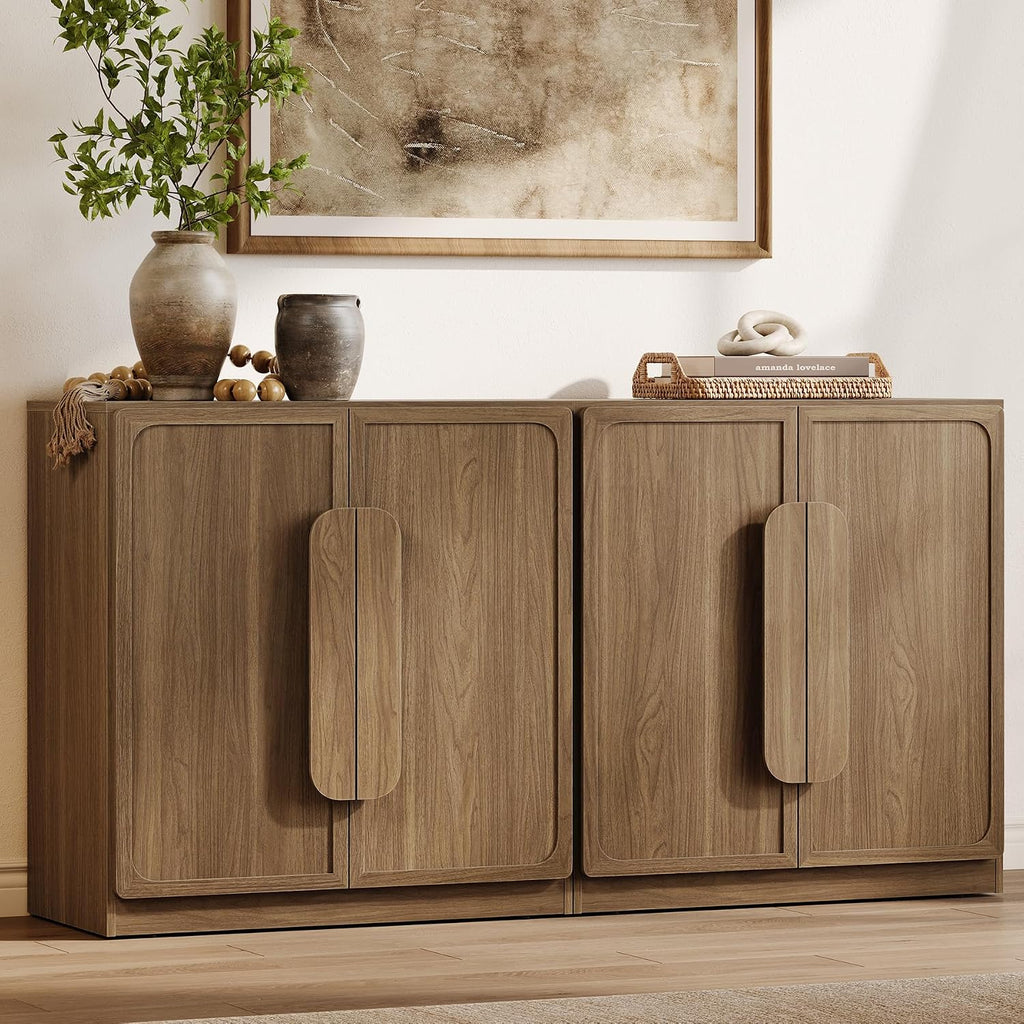 Sideboard Buffet Cabinet with Storage, Large 63''W Credenza, Walnut | Modern Accent Cabinet with Curved Handles & 2