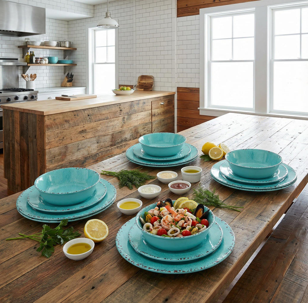 12PCS Melamine Dinnerware Sets, Turquoise Plates and Bowls Sets