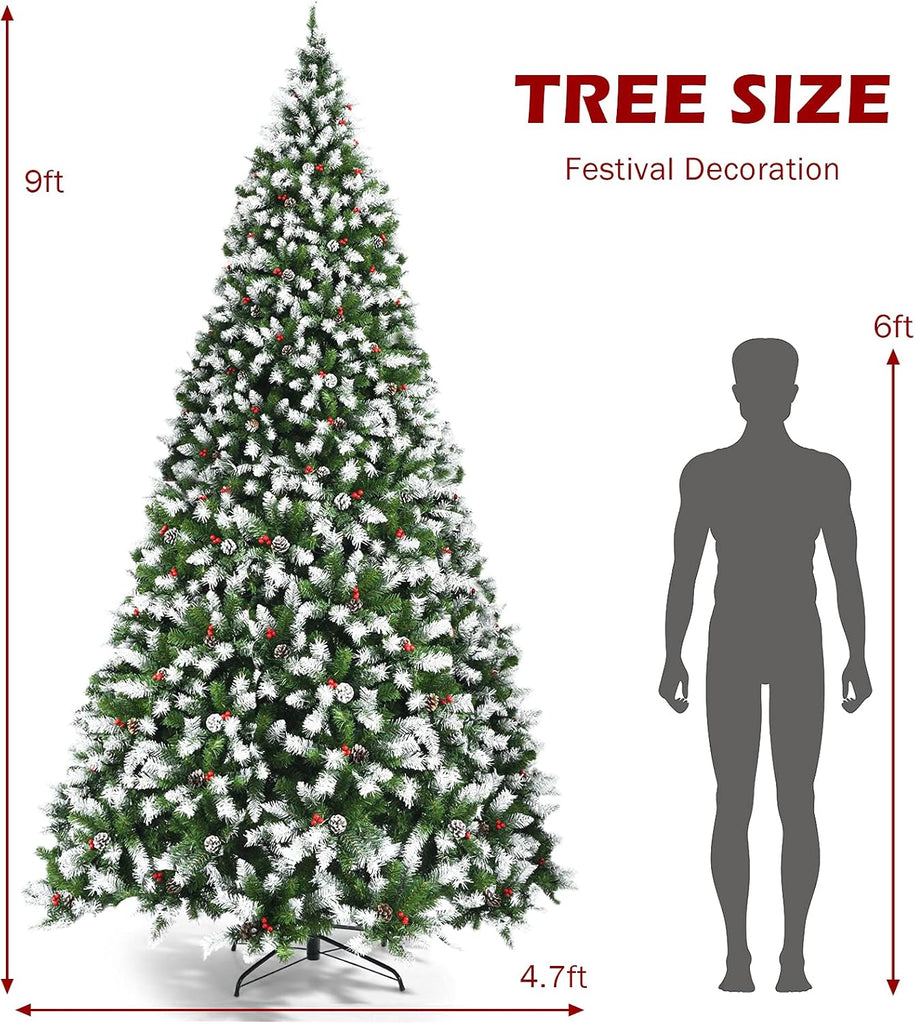 Pre-lit Artificial Christmas Tree, Hinged Snow Flocked Xmas Tree w/Pine Cones, Red Berries & 900 LED Lights, 8
