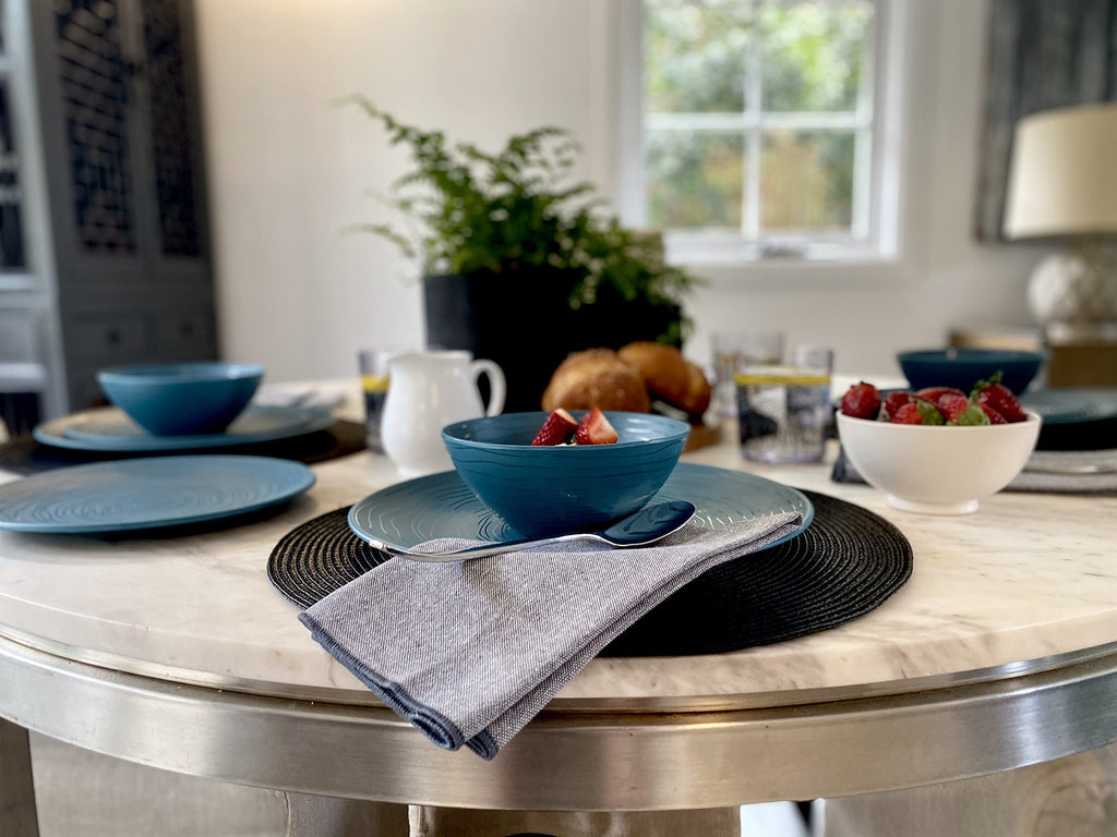 12 Piece Melamine Dinnerware Set - Durable, Dishwasher Safe Plates and Bowls - Casual Dining, Parties, Blue Dish Set