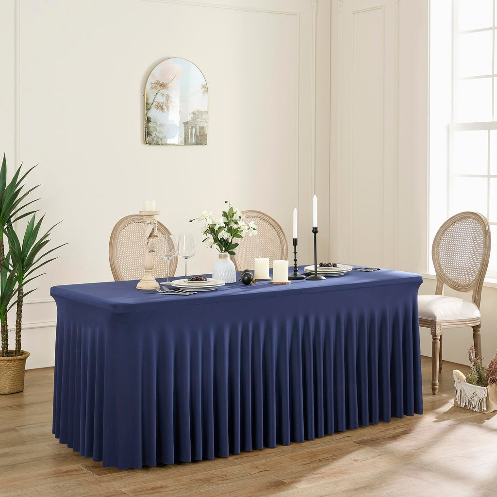 Spandex Tablecloth 8FT Rectangle Table Cover 6 Pcs Navy Blue Wrinkle-Free