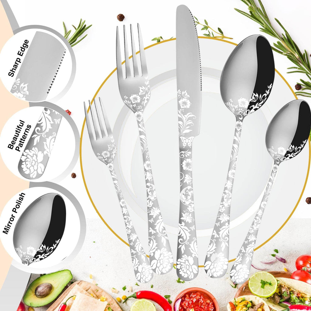 20 piece Peony Flower Pattern Design Silverware Set, Stainless Steel Flatware Set Service for 4, Silver Cutlery Set