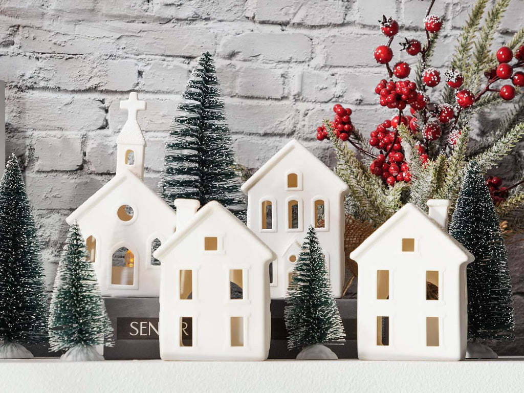 9-Piece Lighted Christmas Village Set, 4 Ceramic Houses & 5 Trees