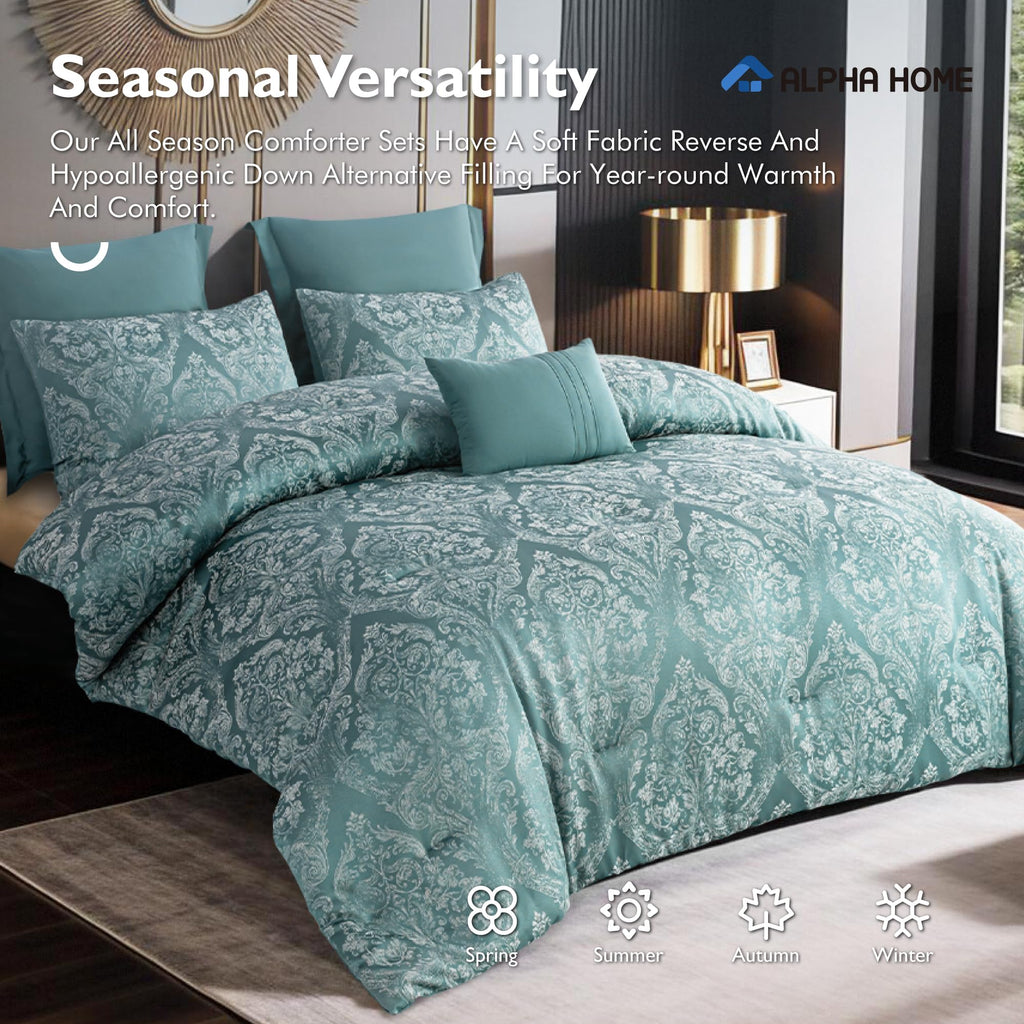 Queen Size Jacquard Bedding Comforter Set - All Season, Luxurious Elegance - 1 Comforter, 2 Pillow Shams, 2 Euro Shams