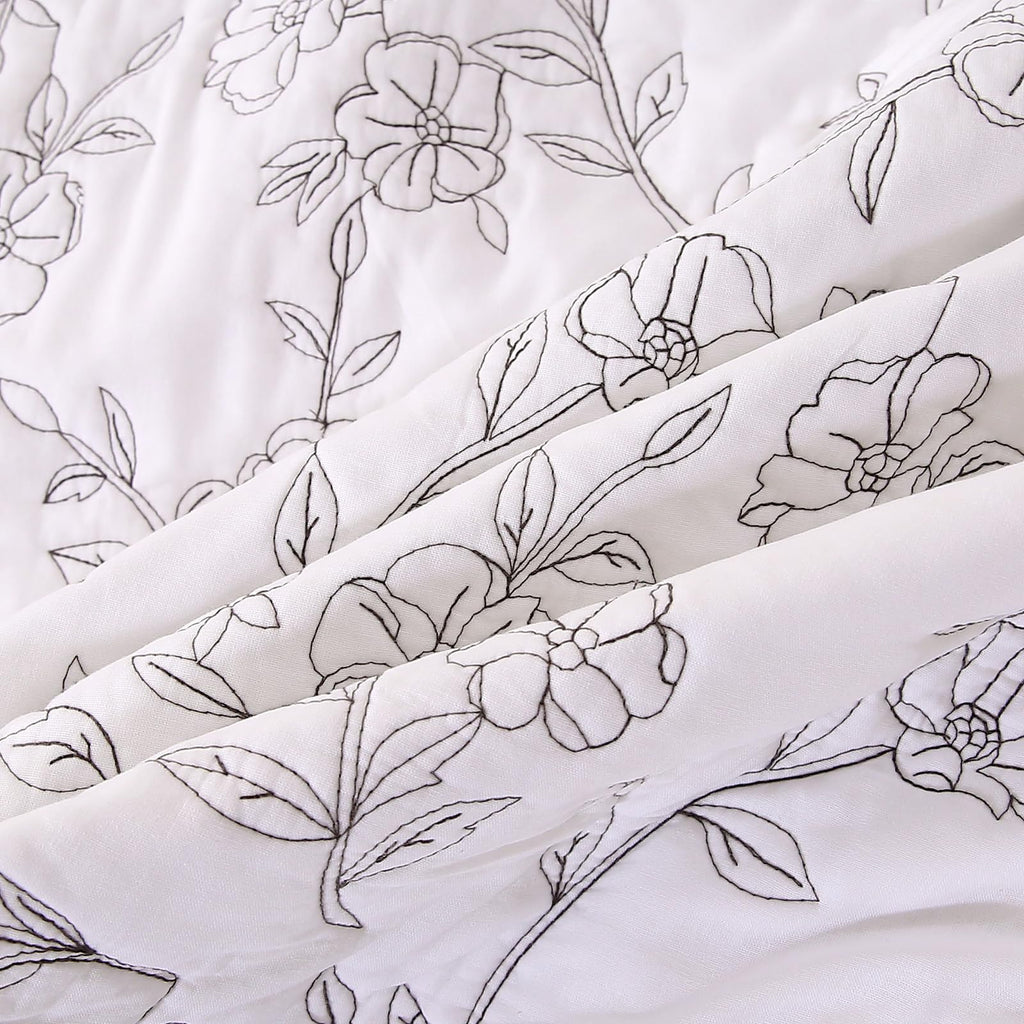 Romantic Ruffled Floral Embroidered Quilt Set White 100% Cotton Bedspread with 2 Ruffle Pillow Shams