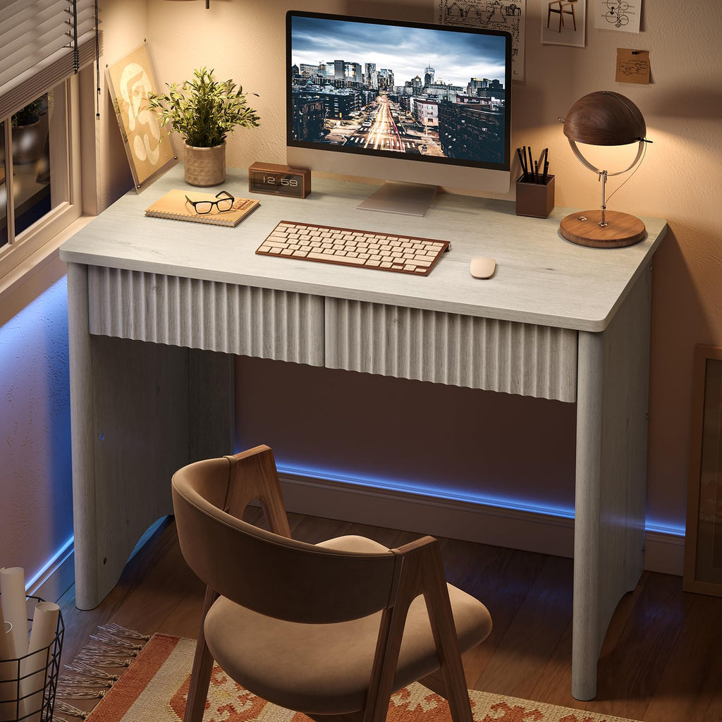 White Oak 40 Inch Fluted Home Office Desk with 2 Drawers for Study